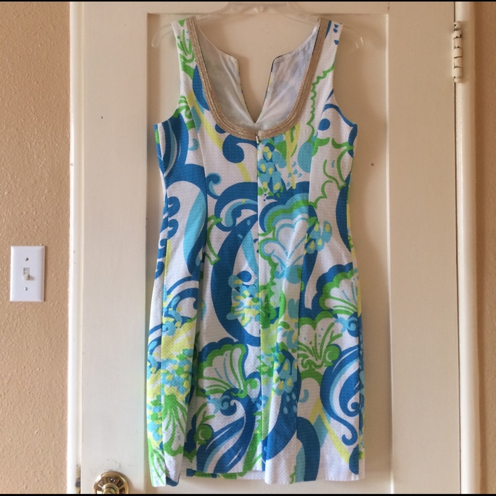 Lilly Pulitzer Blue White Green Printed Midi Dress with Gold Trim - Picture 4 of 10